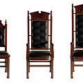 Vintage Wooden Chairs Featuring Black Leather Seats And Carved Backrest Design