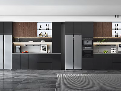 Modern Kitchen Interior Featuring Stylish Wine Cabinet With Wooden Shelves And Wine Bottles 3d model