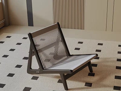 Modern Leisure Chair With Wooden Frame Mesh Back And Geometric Pattern Rug 3d model