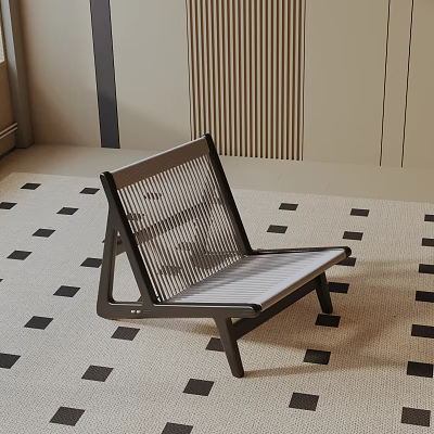 Modern Leisure Chair With Wooden Frame Mesh Back And Geometric Pattern Rug 3d model