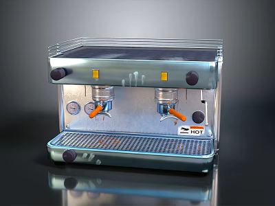Stainless Steel Espresso Machine With Dual Spouts Transparent Cover Pressure Gauges And Control Knobs 3d model