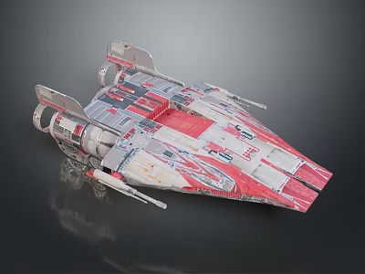 Detailed Red And White Sci Fi Spaceship Model With Winged Structure And Engines 3d model