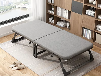 Gray Folding Bed With Black Metal Frame On Light Carpet Near Wooden Bookshelf And Slippers 3d model