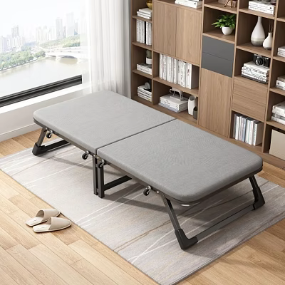 Gray Folding Bed With Black Metal Frame On Light Carpet Near Wooden Bookshelf And Slippers 3d model
