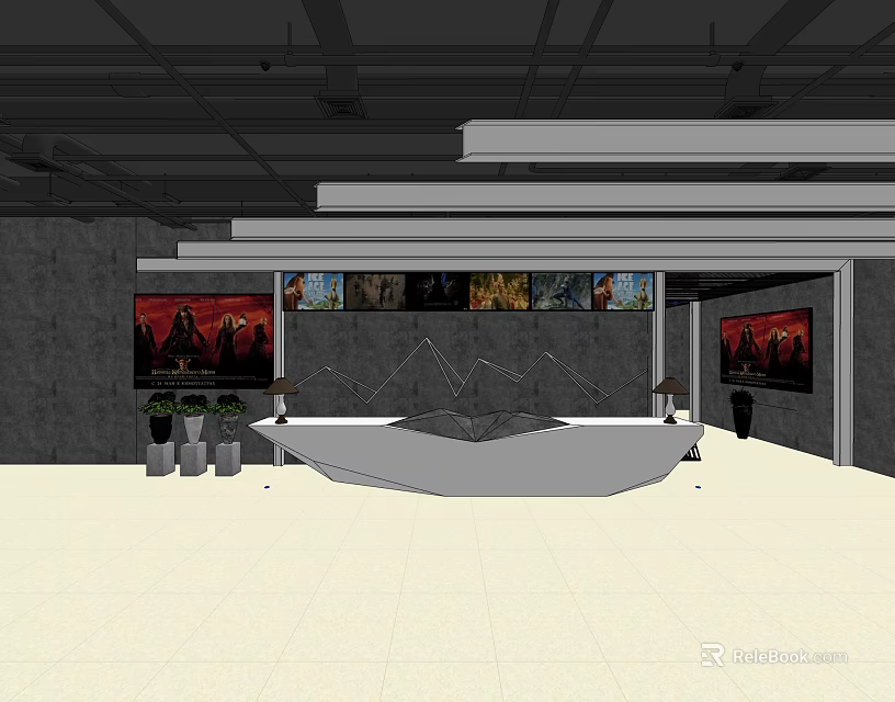 Modern Storefront Reception Design With Decorative Paintings Potted Plants Light Flooring And Gray Walls 3d model 