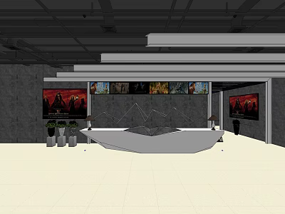 Modern Storefront Reception Design With Decorative Paintings Potted Plants Light Flooring And Gray Walls 3d model