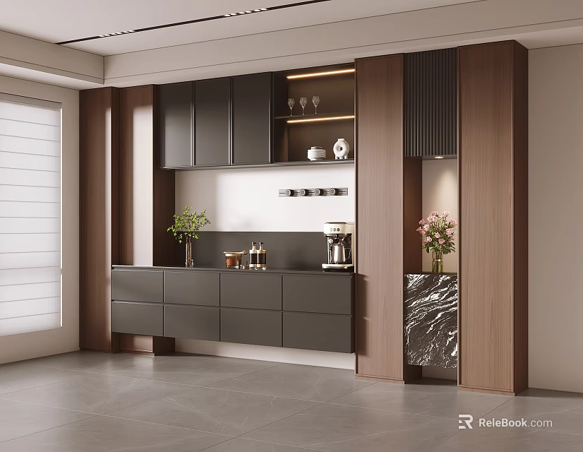 Modern Elegant Sideboard With Gray Cabinets Wood Panels Marble Top And Decorative Vases Coffee Machine 3d model 