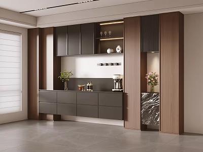 Modern Elegant Sideboard With Gray Cabinets Wood Panels Marble Top And Decorative Vases Coffee Machine 3d model