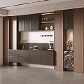 Modern Elegant Sideboard With Gray Cabinets Wood Panels Marble Top And Decorative Vases Coffee Machine