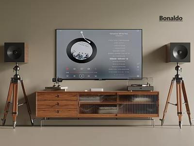 Modern Home Theater Setup With Large Screen TV Tripod Speakers And Wooden Media Console 3d model