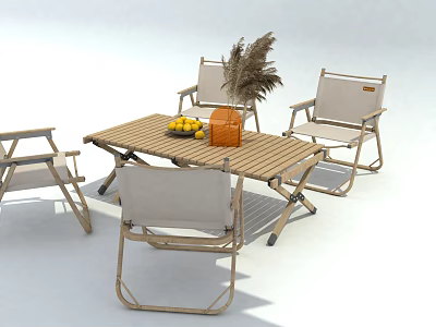 Outdoor Wooden Table with Four Chairs Fresh Fruits Orange Basket and Pampas Grass 3d model