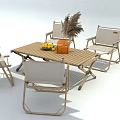 Outdoor Wooden Table with Four Chairs Fresh Fruits Orange Basket and Pampas Grass