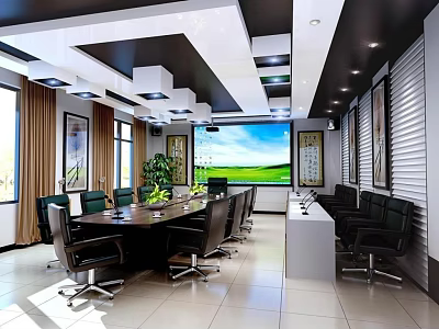 Modern Conference Room With Large Screen Conference Table Black Chairs Green Plants And Windows 3d model
