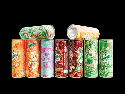 Colorful Beverage Cans Collection with Various Flavors and Vibrant Designs 3d model
