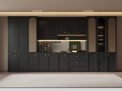 Elegant Dark Wood Wine Cabinet With Glass Display Shelves LED Lighting And Decor 3d model