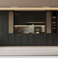 Elegant Dark Wood Wine Cabinet With Glass Display Shelves LED Lighting And Decor