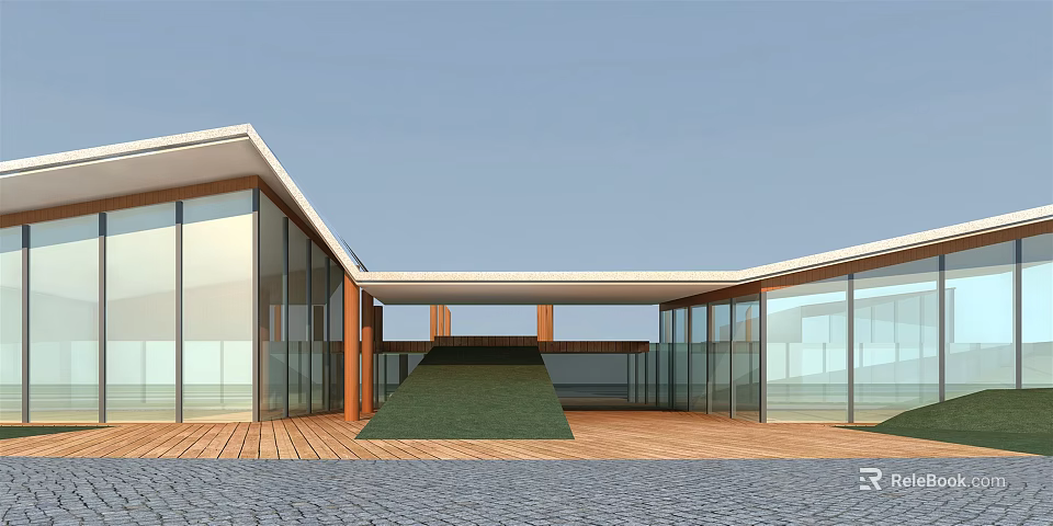 Modern Architectural Design With Glass Curtain Wall Wooden Structure And Green Slope 3d model 