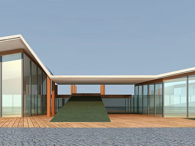 Modern Architectural Design With Glass Curtain Wall Wooden Structure And Green Slope 3d model