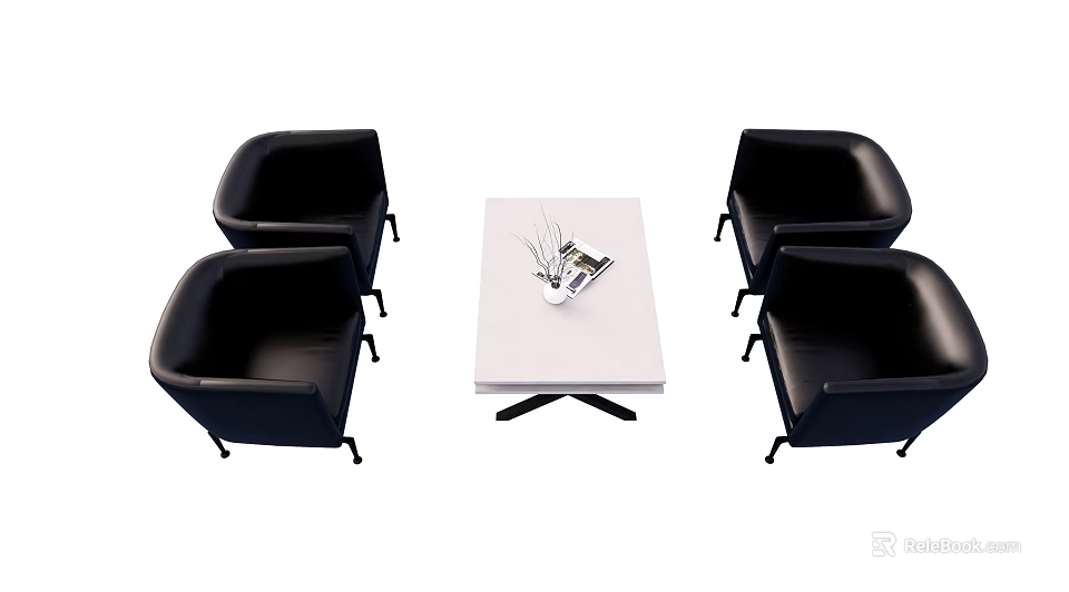 Black Leather Leisure Sofa Set With White Coffee Table And Decorative Items 3d model 