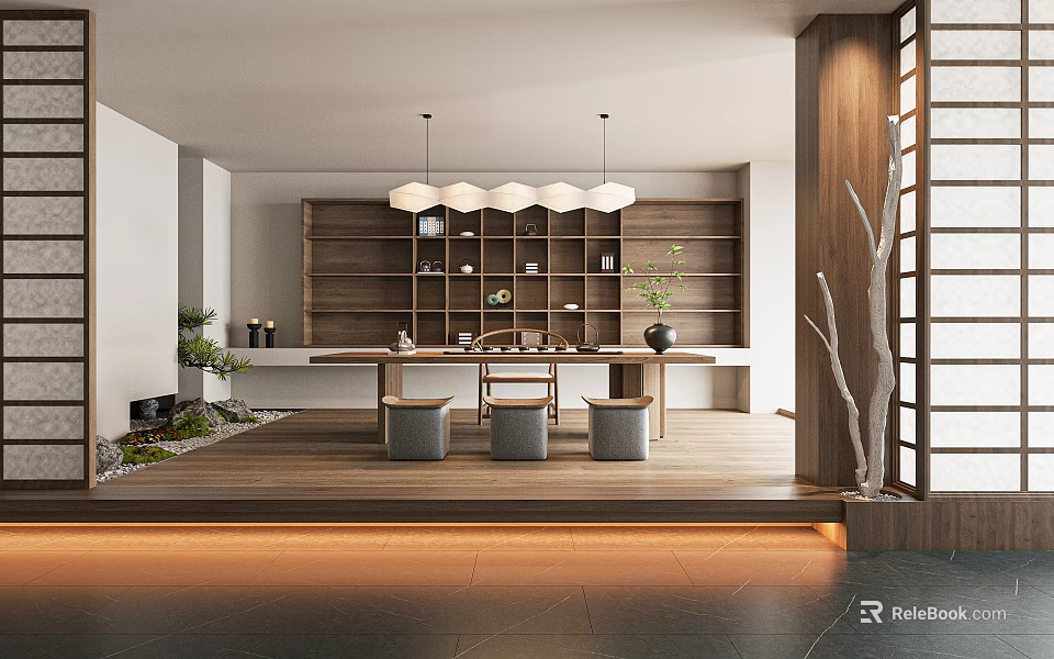 Modern Tea Room Interior Design With Wooden Shelves Tea Sets And Pendant Lights 3d model 