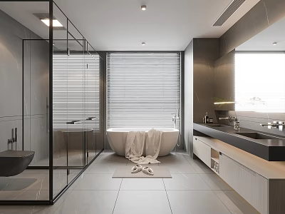 Modern Bathroom Interior With Glass Shower Bathtub And Window Blinds Design 3d model