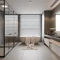 Modern Bathroom Interior With Glass Shower Bathtub And Window Blinds Design