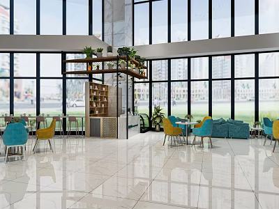 Modern Open Cafe Interior With Bright Windows Comfortable Seating And Green Plants 3d model