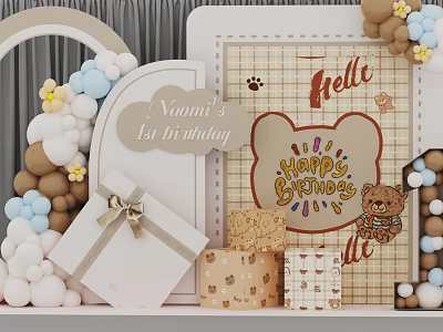 1st Birthday Check in Photo Spot with Plaid Background Bear Balloons and Gift Boxes 3d model