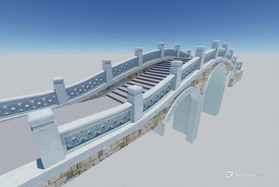 Classical Landscape Bridge Featuring Stone Railings With Carvings And Arch Structure 3d model