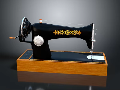 Vintage Sewing Machine With Black Body Golden Floral Patterns White Knob And Wooden Base 3d model