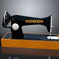 Vintage Sewing Machine With Black Body Golden Floral Patterns White Knob And Wooden Base