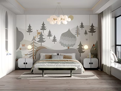 Kids Room Interior With Forest Deer Wall Art Cloud Chandelier And Wooden Floor 3d model