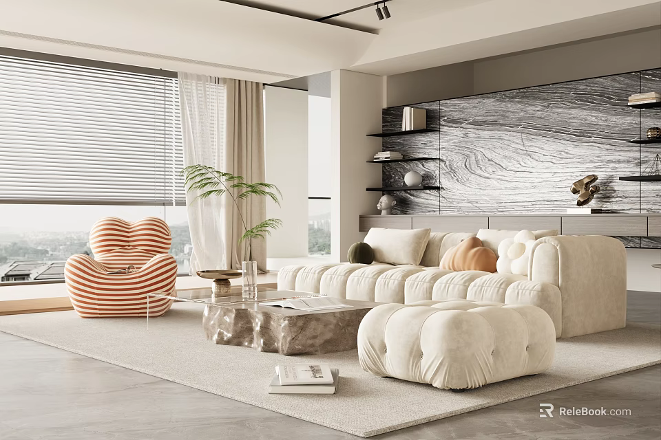 Modern Living Room Interior Design With White Sofa Striped Armchair Marble Coffee Table And Plants 3d model 