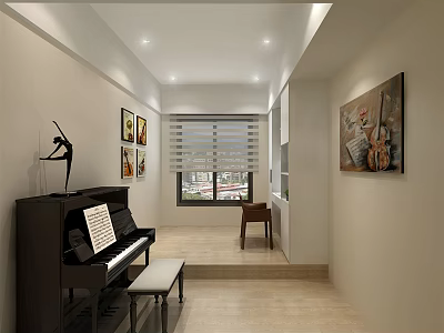 Modern Piano Room Interior With Black Piano Bench And Art Decorations 3d model