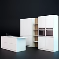 Modern Kitchen With White Cabinets Wooden Shelves Double Ovens And Island