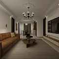 Modern Dining and Living Room Interior Design With Brown Sofa Round Coffee Table And Chandelier