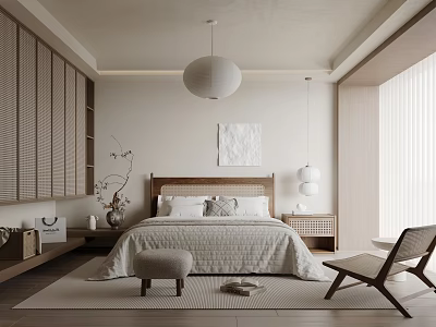 Serene Minimalist Bedroom Interior With Wooden Headboard Round Pendant Light And Light Colored Bedding 3d model