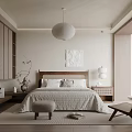 Serene Minimalist Bedroom Interior With Wooden Headboard Round Pendant Light And Light Colored Bedding