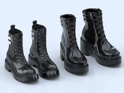 Black High Top Lace Up Boots With Thick Sole And Stylish Platform Design 3d model