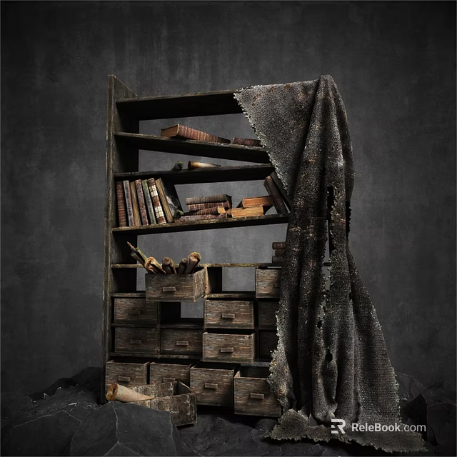 Vintage Bookshelf Interior With Stacked Old Books Drawers And Worn Cloth 3d model 