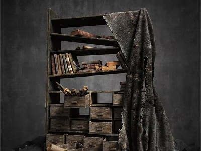 Vintage Bookshelf Interior With Stacked Old Books Drawers And Worn Cloth 3d model