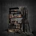 Vintage Bookshelf Interior With Stacked Old Books Drawers And Worn Cloth