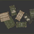 Various Wooden Boxes In Green And Natural Tones With Metal Fittings And Scattered Stack Design