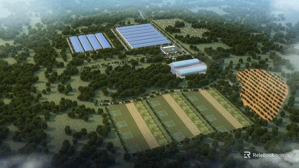 Aerial View Planning of Agricultural Area with Greenhouses Farm Fields Facility Buildings and Woodlands 3d model 