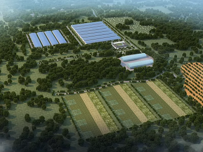 Aerial View Planning of Agricultural Area with Greenhouses Farm Fields Facility Buildings and Woodlands 3d model