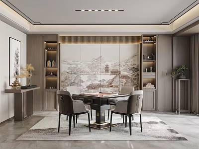 Elegant Hotel Mahjong Room Interior With Mahjong Table Comfortable Chairs Decorative Painting And Storage Cabinets 3d model