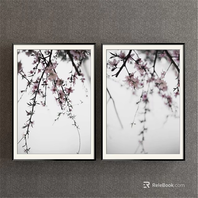 Botanical Paintings of Peach Blossom Branches with Pink Flowers in Black Frames on Gray Wall 3d model 