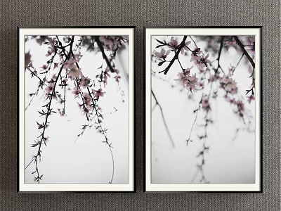 Botanical Paintings of Peach Blossom Branches with Pink Flowers in Black Frames on Gray Wall 3d model