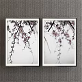 Botanical Paintings of Peach Blossom Branches with Pink Flowers in Black Frames on Gray Wall