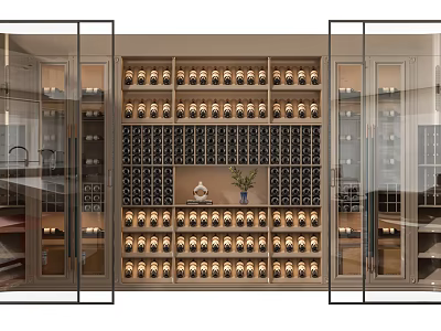 Elegant Modern Wine Cabinet Interior With Glass Doors Wooden Shelves And Wine Bottles Storage 3d model